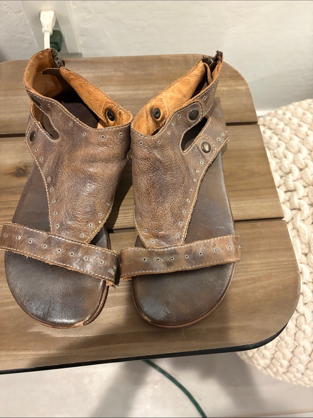 Bed Stu Brown Leather Open-Toe Studded Sandals